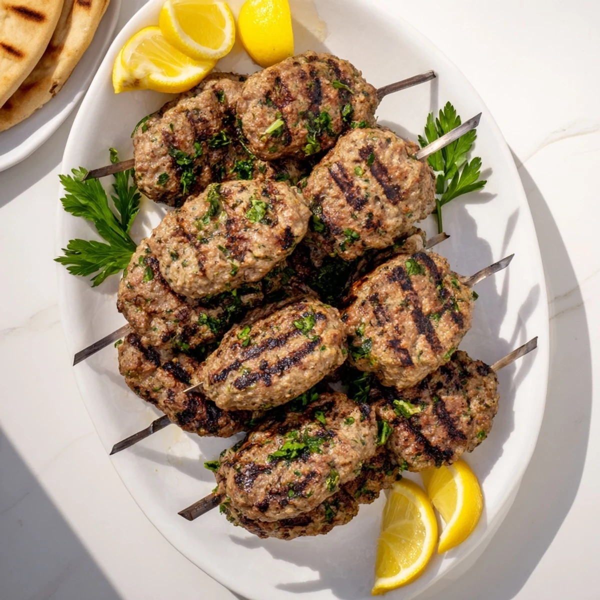 Homemade Lebanese kafta recipe featuring aromatic ground meat skewers on a platter
