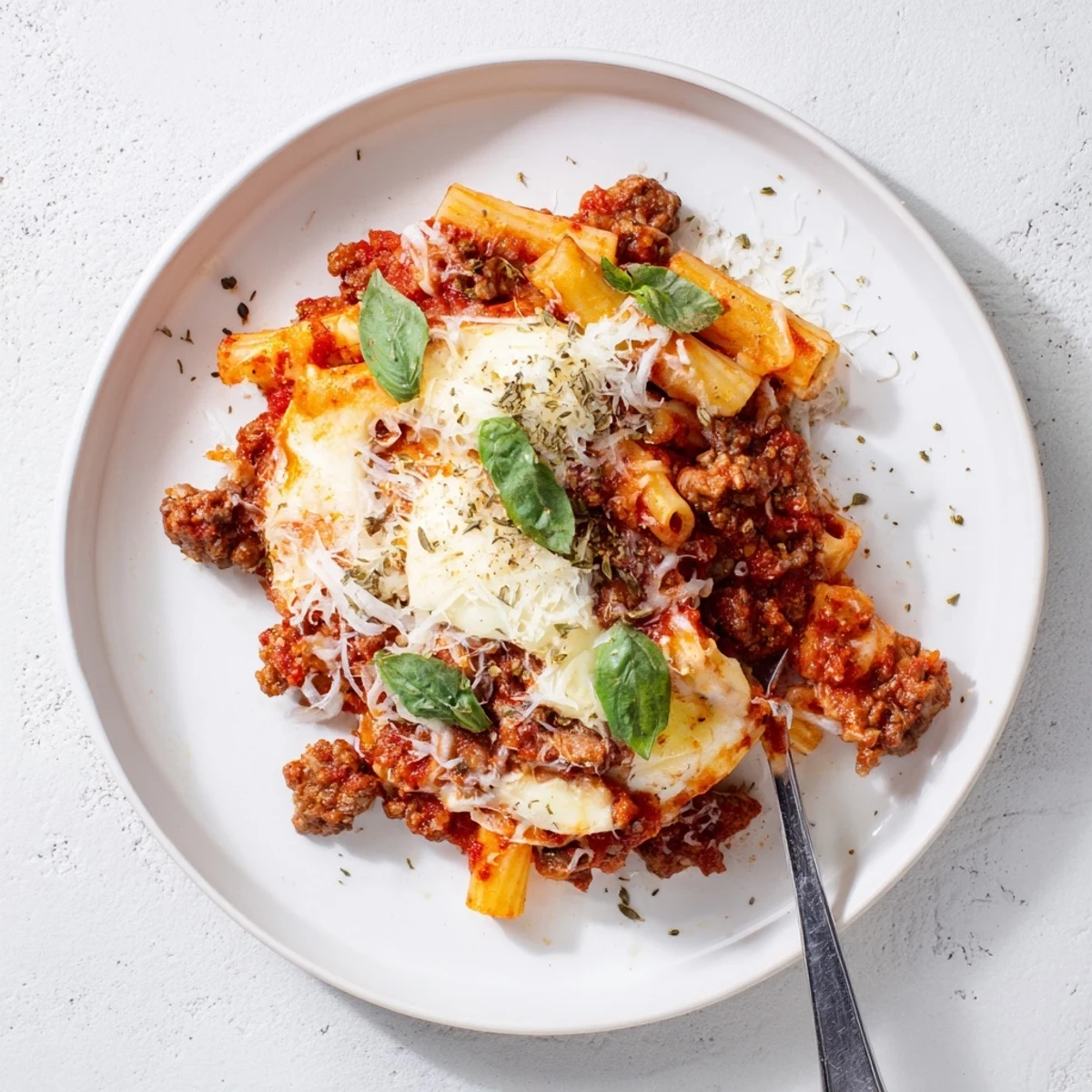 Creamy slow cooker baked ziti topped with melted cheese and fresh Italian basil garnish
