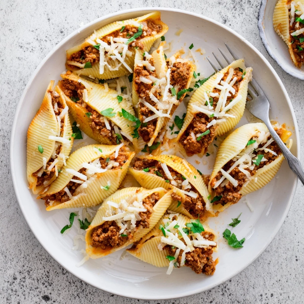 Golden brown beef and ricotta stuffed shells pasta bubbling with melted mozzarella cheese in a creamy tomato sauce baking dish