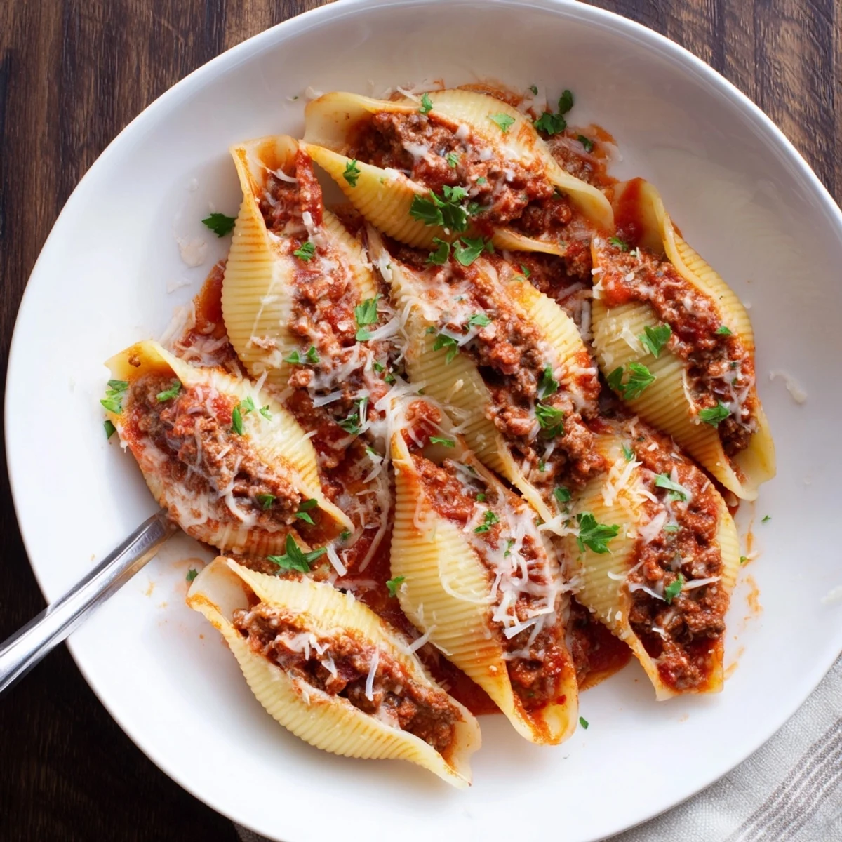 Plump jumbo pasta shells filled with savory ground beef ricotta mixture topped with golden melted cheese and fresh parsley garnish