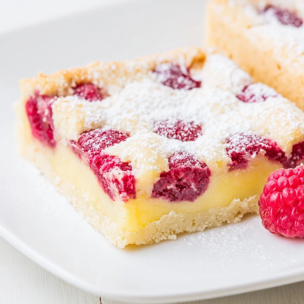 Golden lemon raspberry bars with buttery shortbread crust and vibrant red berry swirls