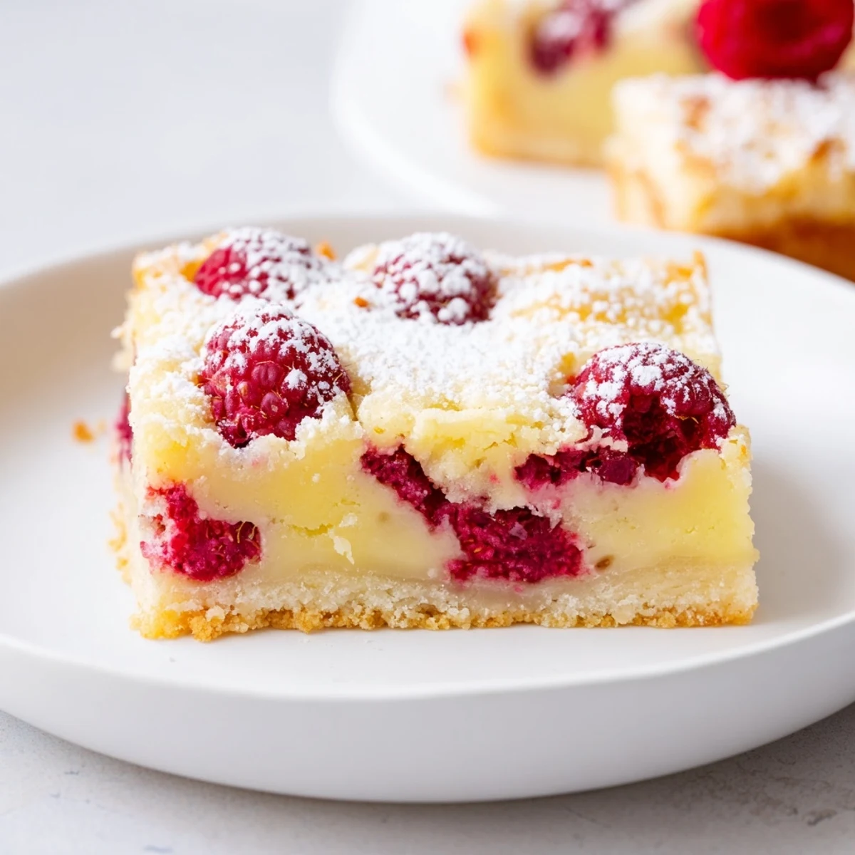 Tangy lemon raspberry bars featuring fresh raspberries atop a golden baked shortbread base