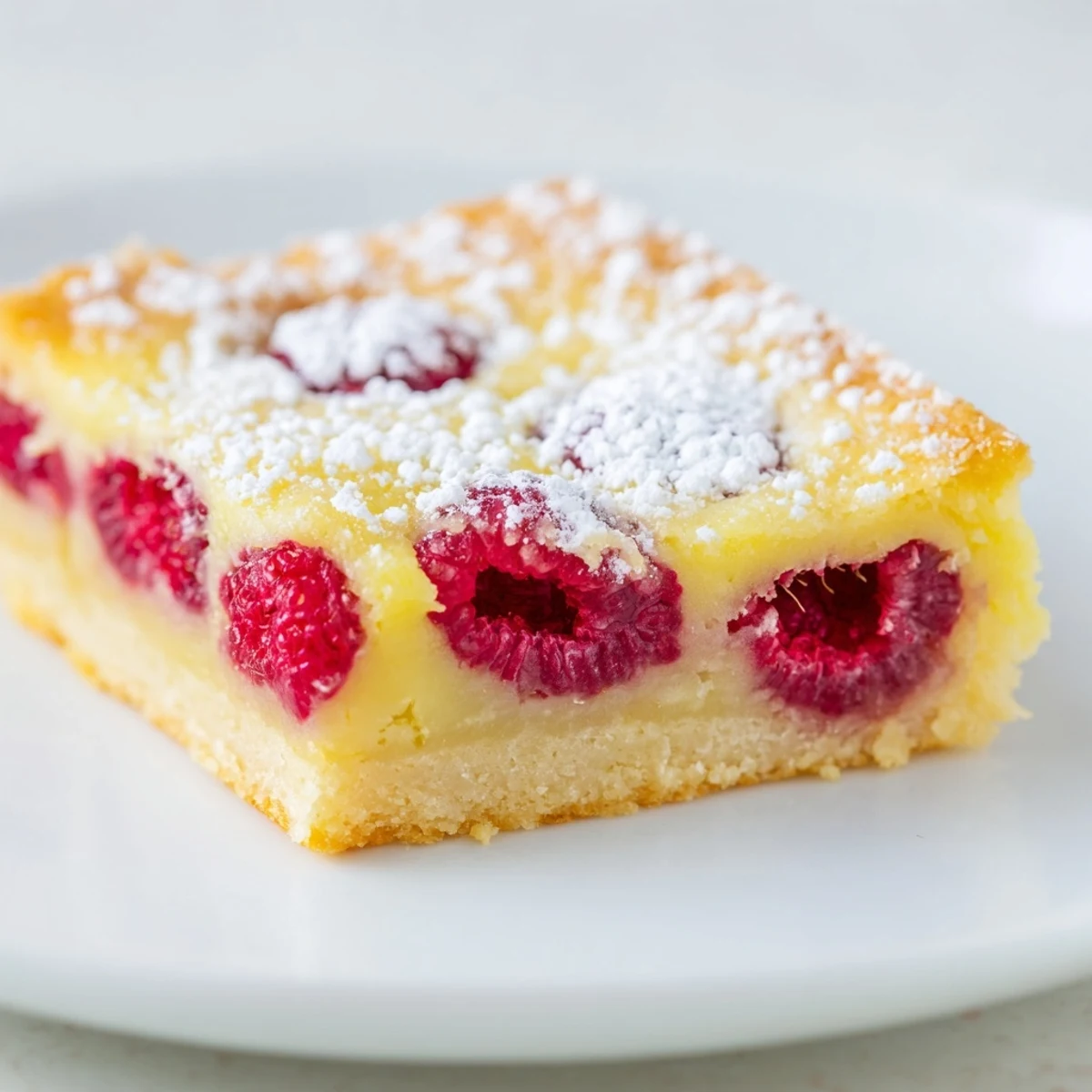 Dessert table favorite lemon raspberry bars dusted with powdered sugar on white plate