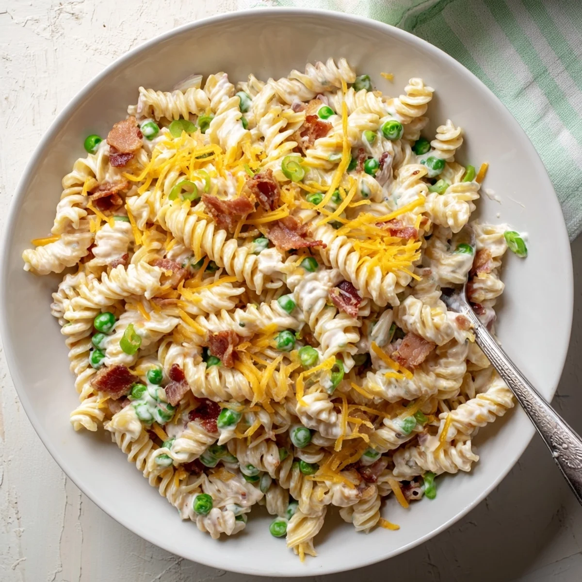 Cold pasta salad featuring rotini noodles, cheddar, crumbled bacon, and sweet peas