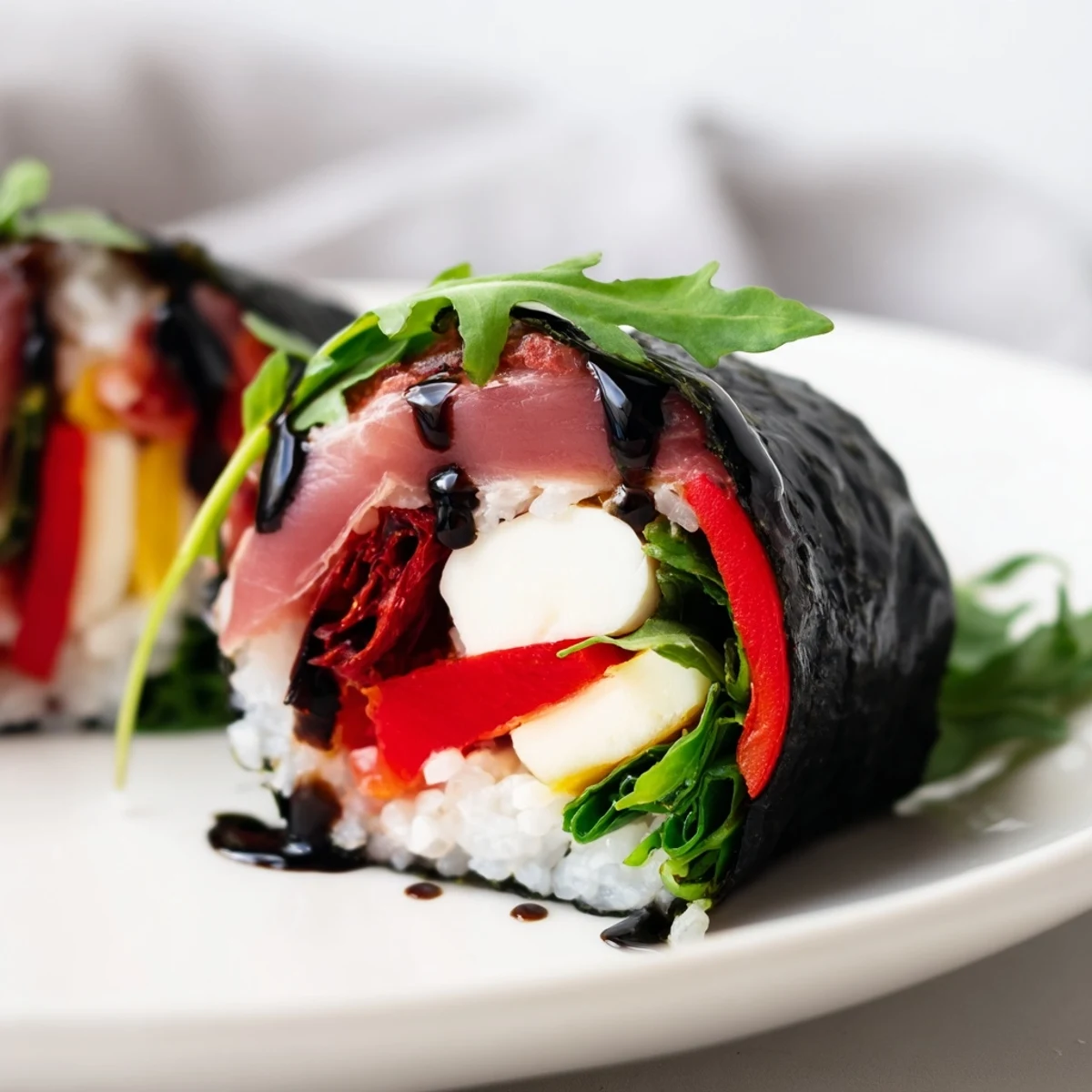 Italian sushi roll featuring prosciutto, mozzarella, and colorful vegetables sliced into bite-sized pieces