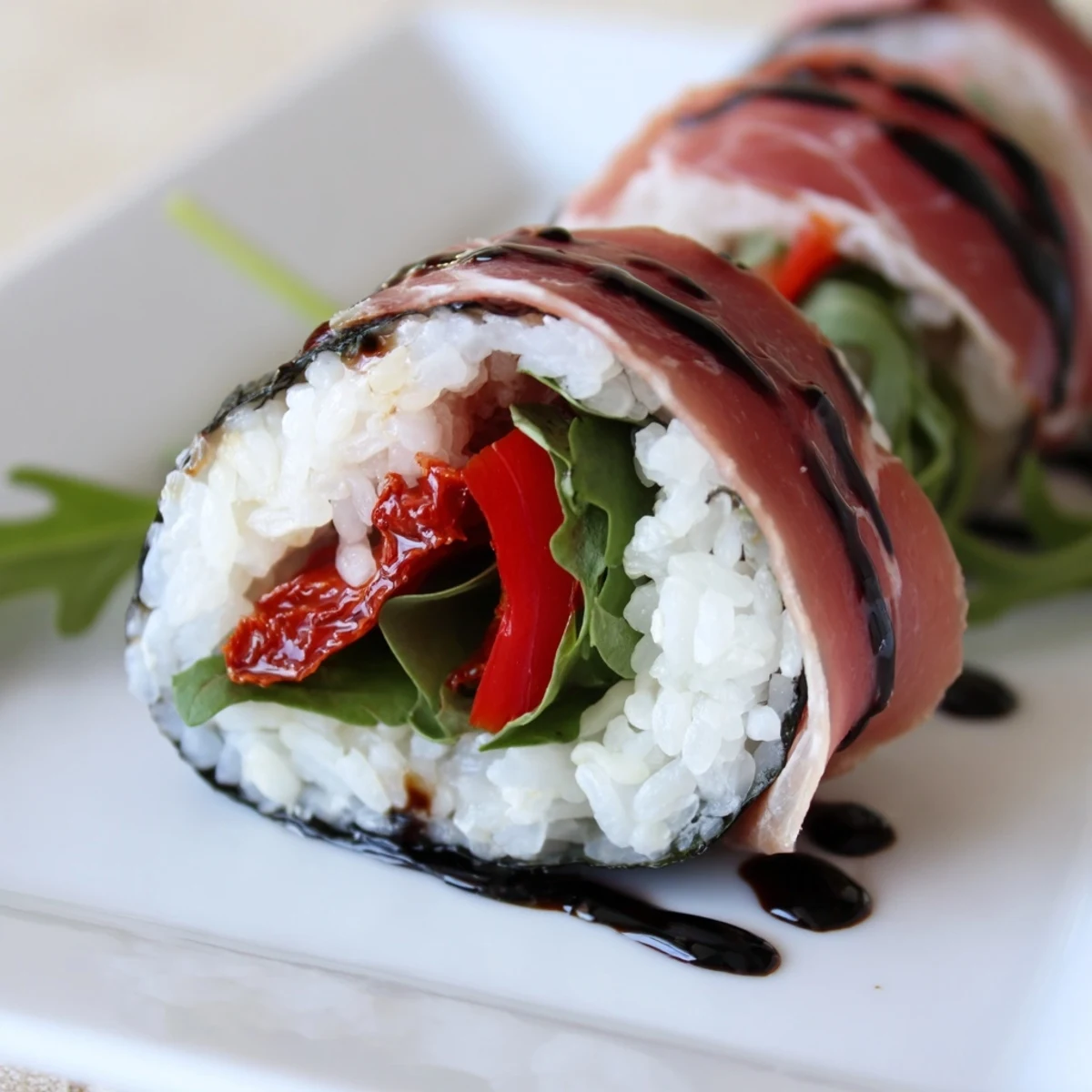 Vibrant Italian sushi fusion rolls arranged on a platter with fresh basil garnish