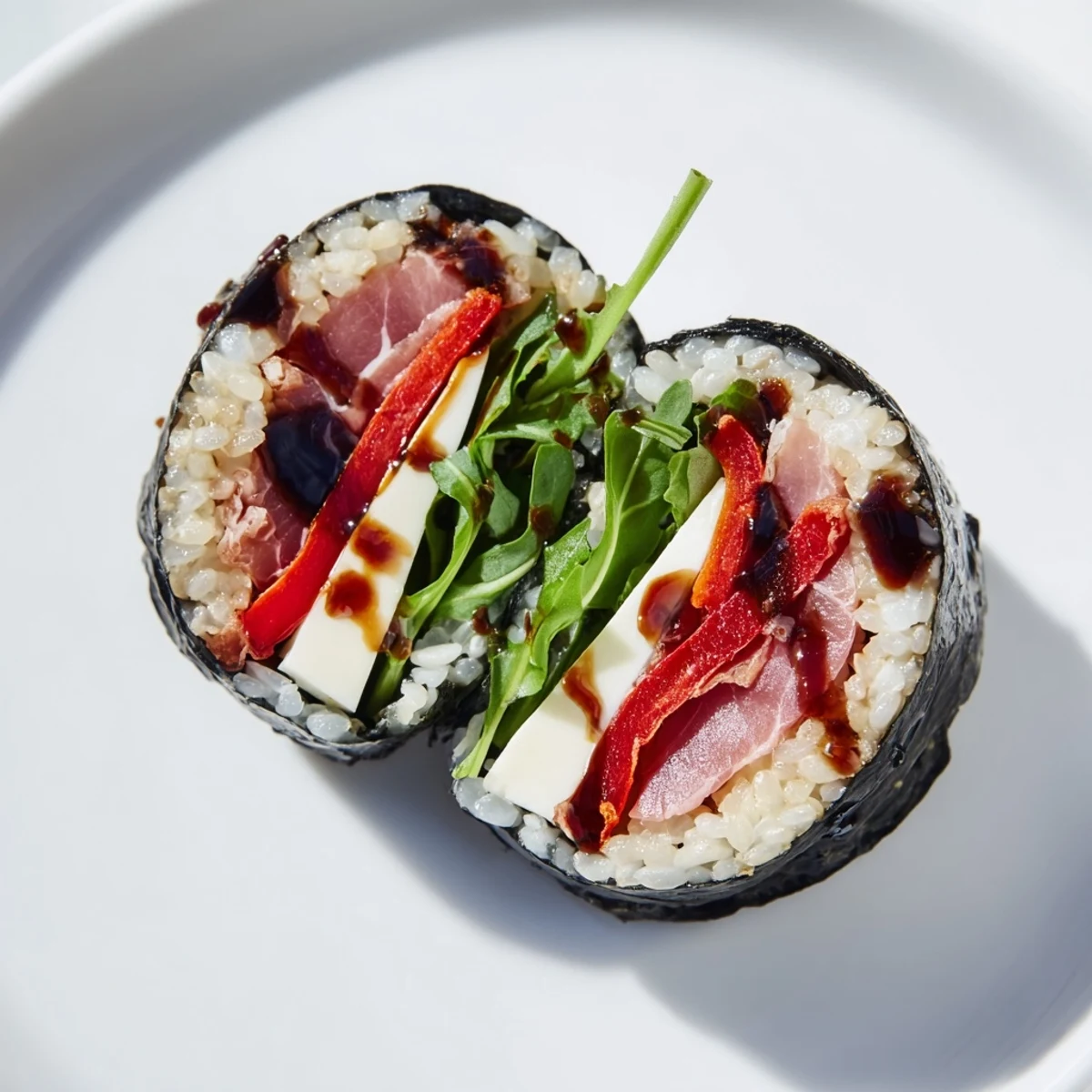 Cross-section of Italian sushi revealing mozzarella, roasted peppers, and sun-dried tomato fillings wrapped in nori