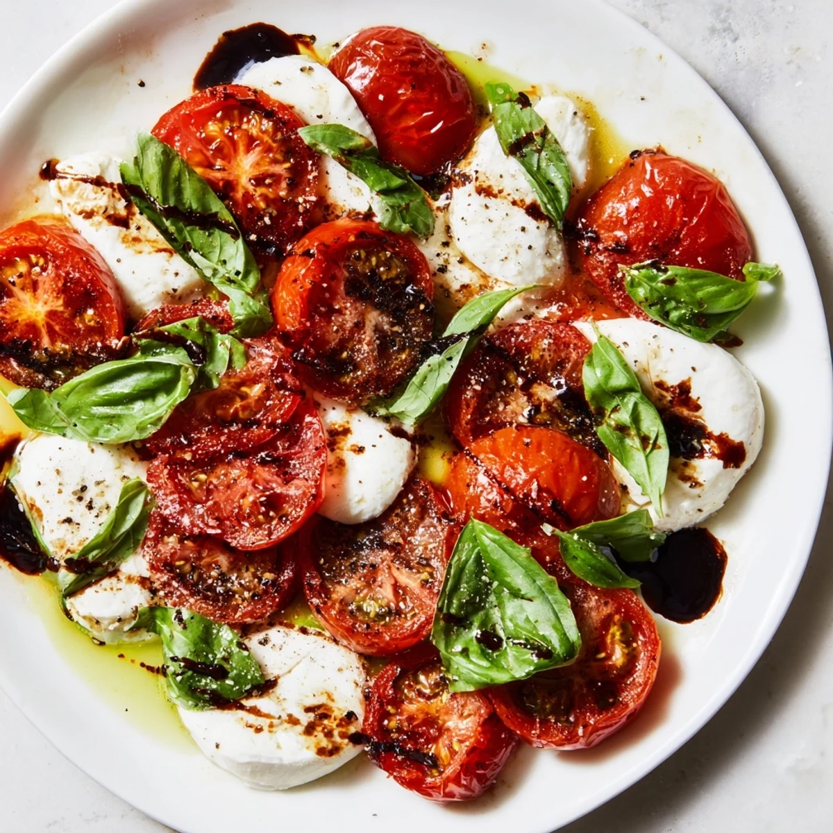 Golden roasted tomato Caprese salad drizzled with balsamic glaze and fresh basil