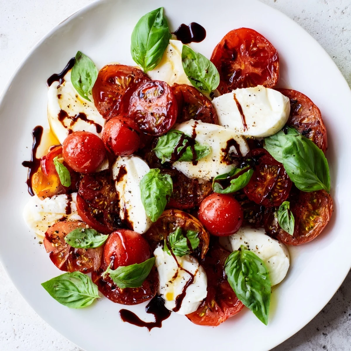 Creamy mozzarella slices arranged with caramelized cherry tomatoes and fragrant green basil leaves