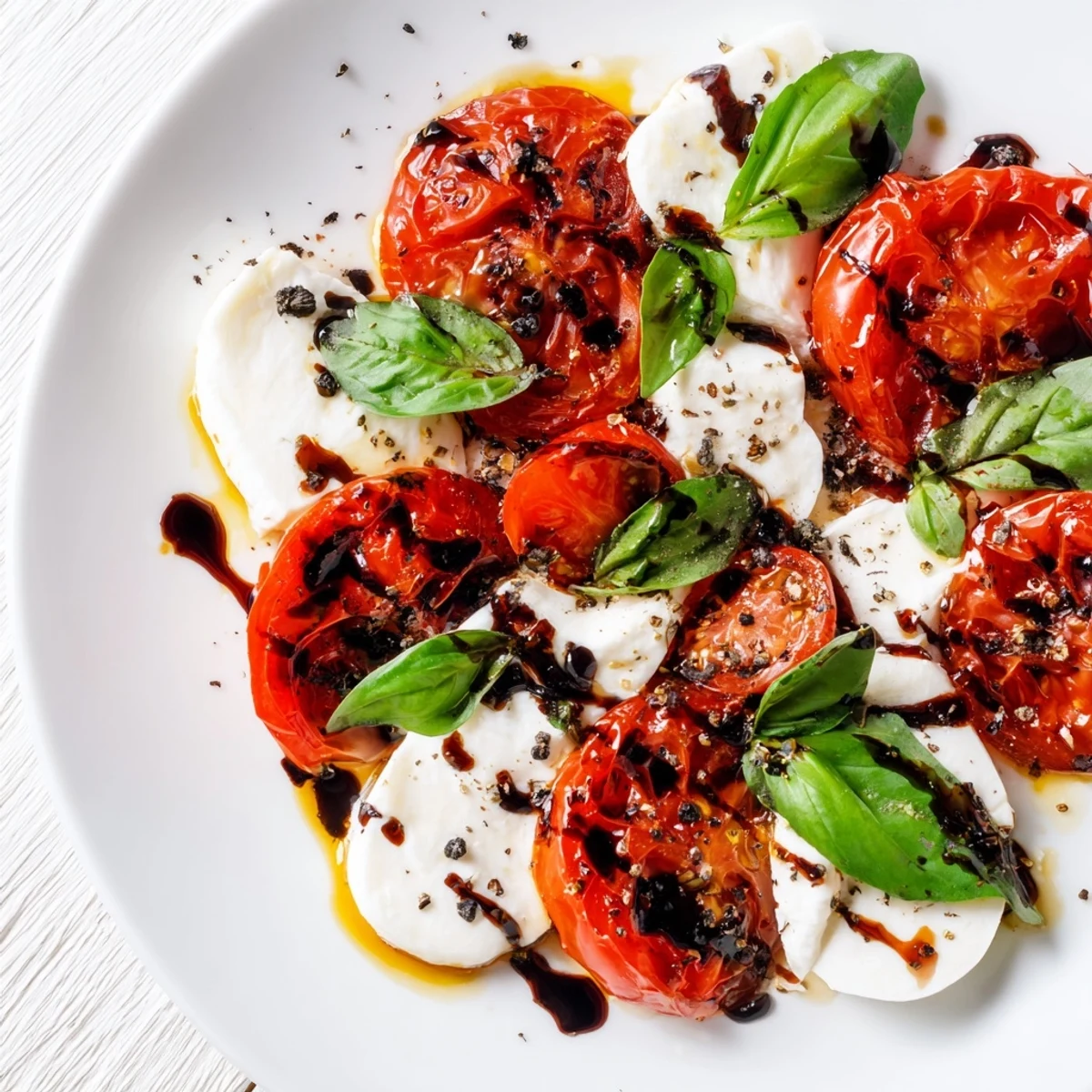 Roasted tomato Caprese salad plated with olive oil dressing and black pepper seasoning