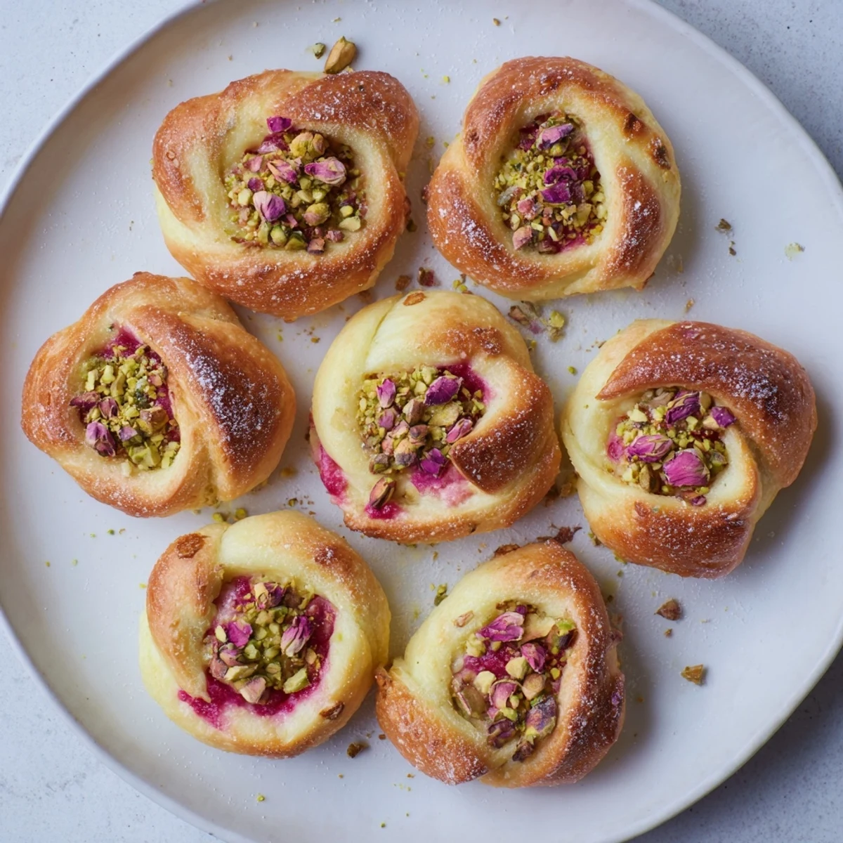 Freshly baked Raspberry and Rose Cheesecake Buns featuring fluffy dough topped with edible rose petals and pistachios