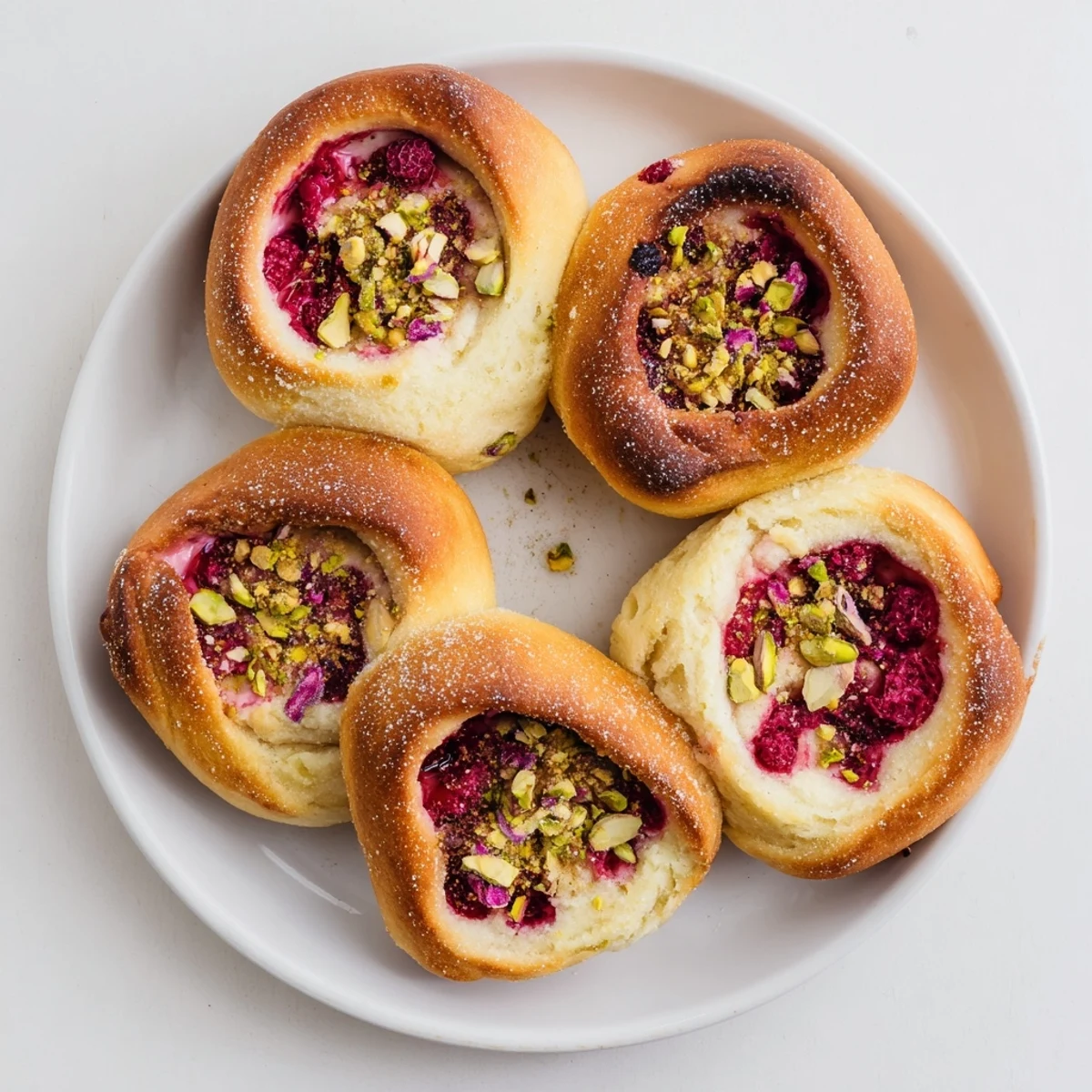 Soft sweet Raspberry and Rose Cheesecake Buns oozing with floral cheesecake filling and bright red raspberry compote