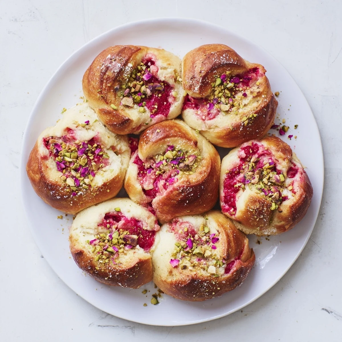 Golden Raspberry and Rose Cheesecake Buns with rose-infused cream cheese filling and tart raspberry swirls