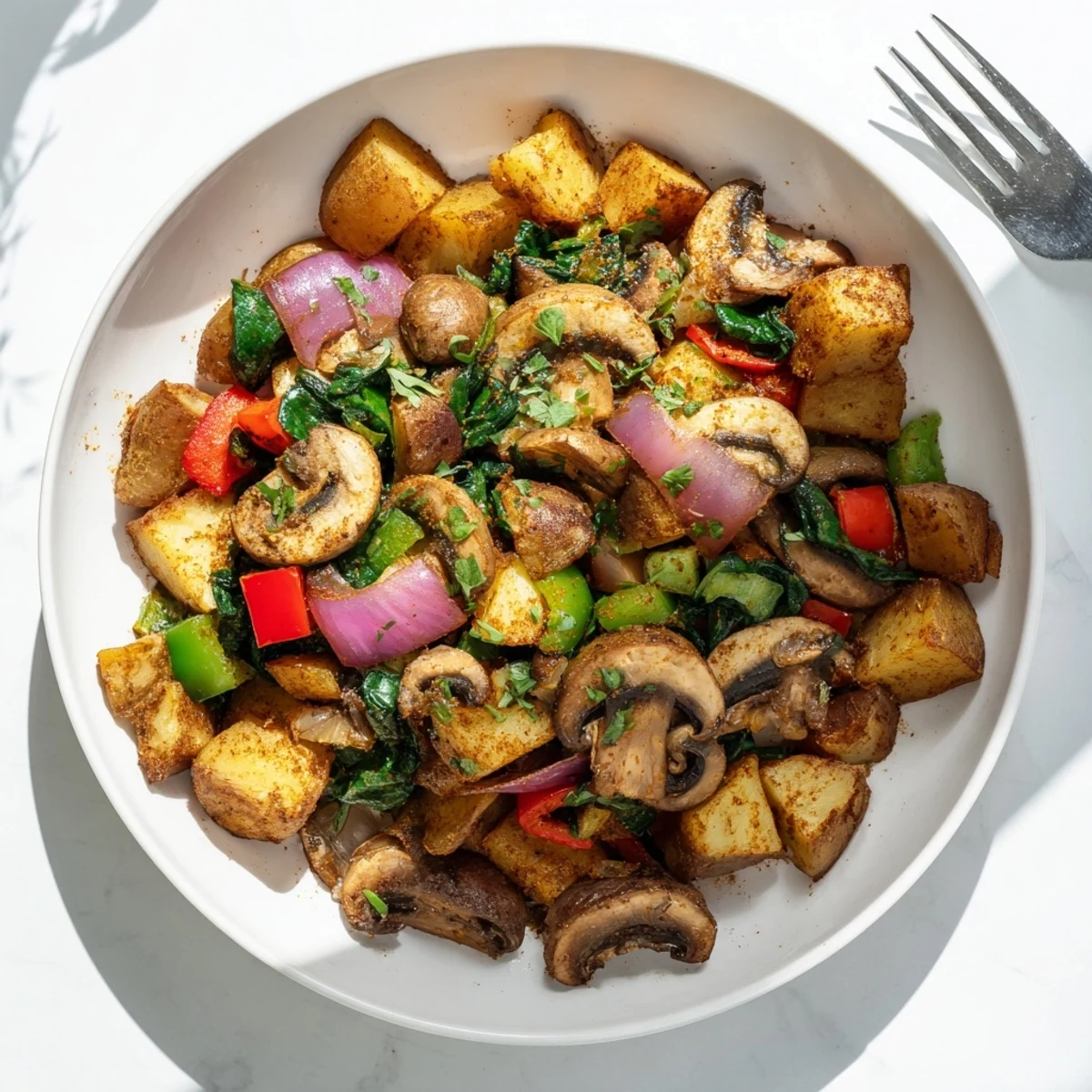 Golden crispy vegan breakfast hash with colorful bell peppers mushrooms and fresh spinach garnish
