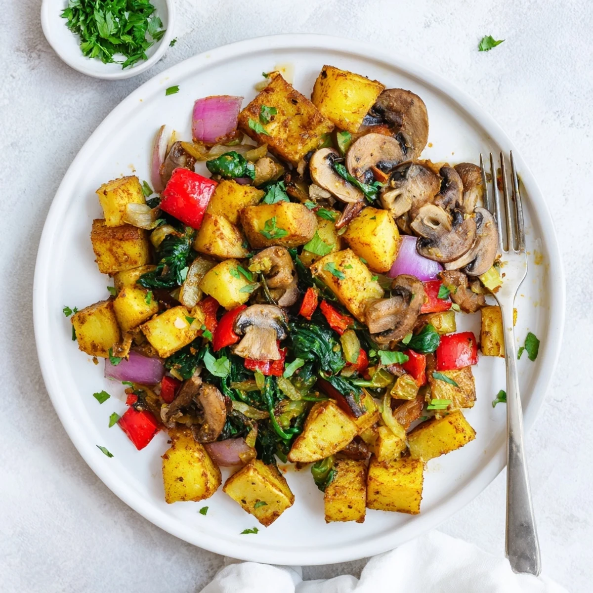 Wholesome hearty vegan breakfast hash loaded with seasoned potatoes and vegetables in a skillet