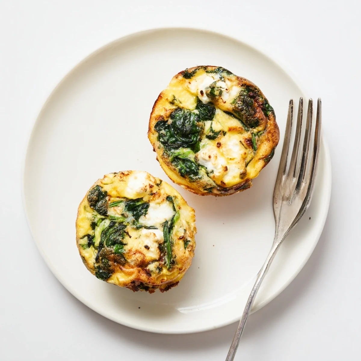 Close-up view of fluffy egg muffins topped with melted feta and vibrant green spinach