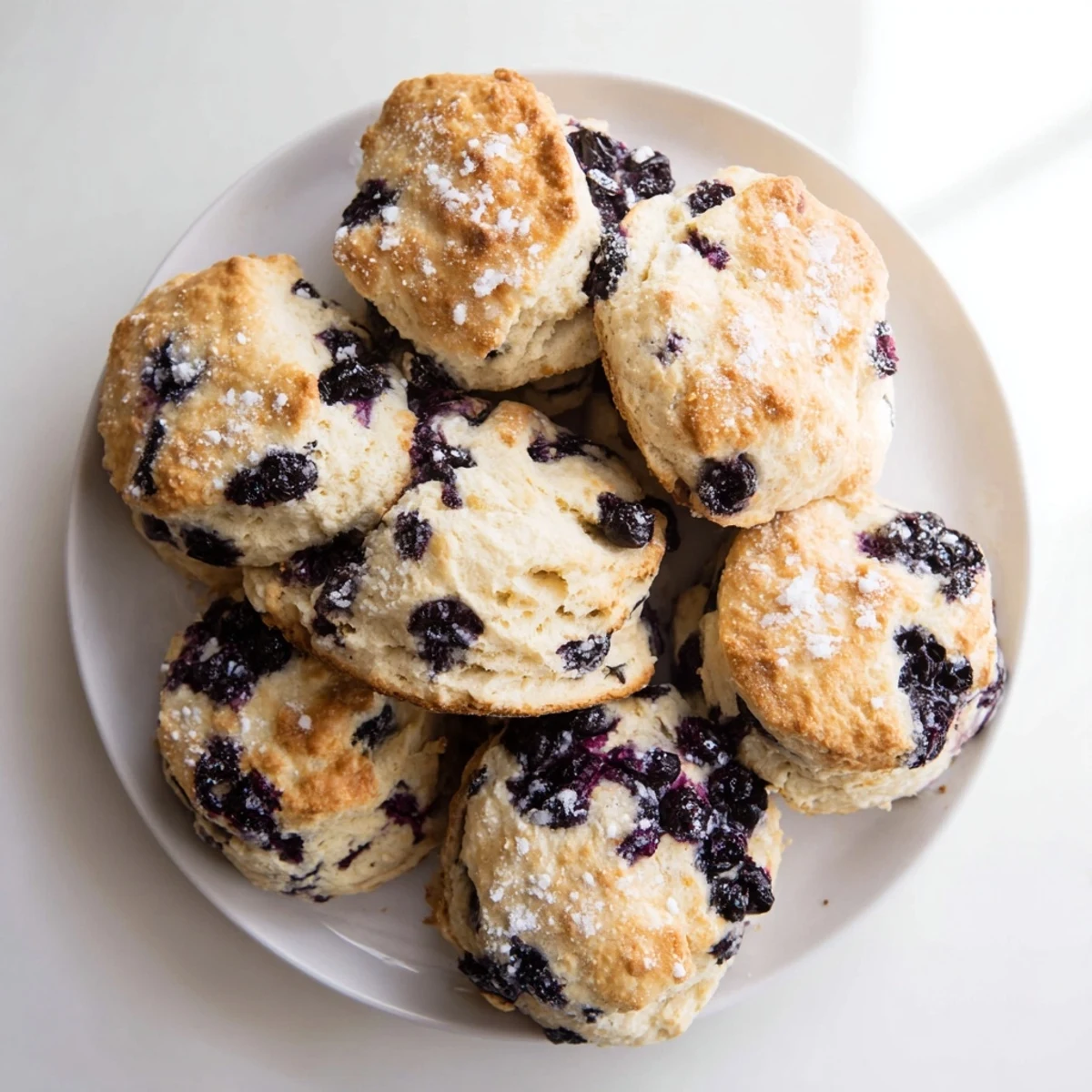 Golden blueberry biscuits fresh from the oven with melted butter and sugar topping