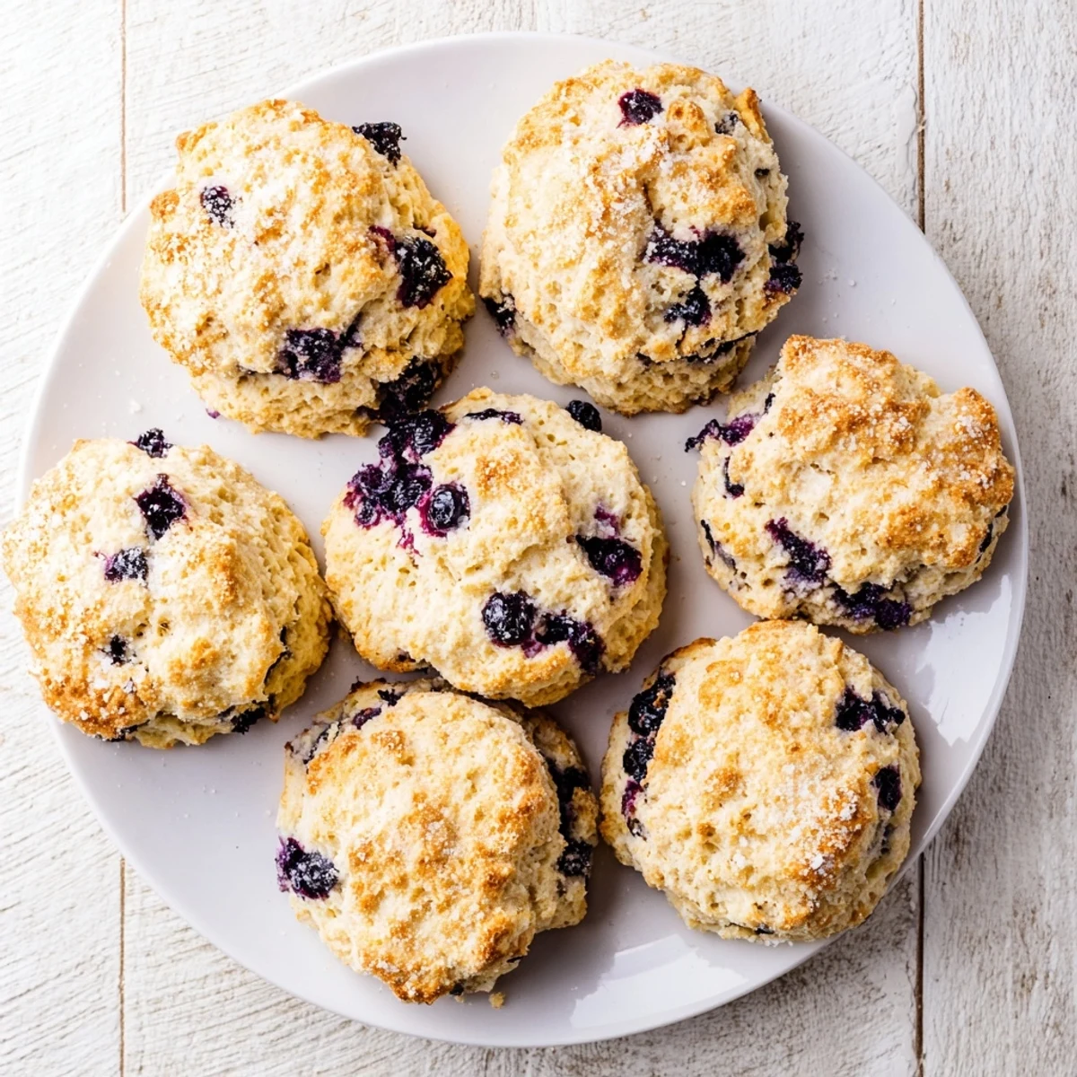 Tender homemade blueberry biscuits bursting with juicy berries on a rustic wooden board