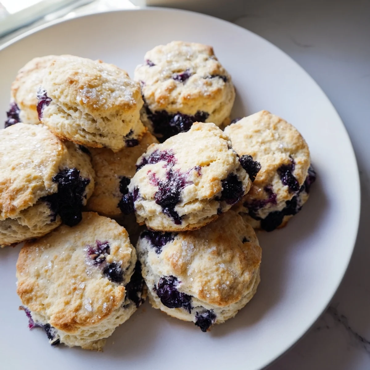 Warm blueberry biscuits split open revealing flaky layers and plump purple fruit inside