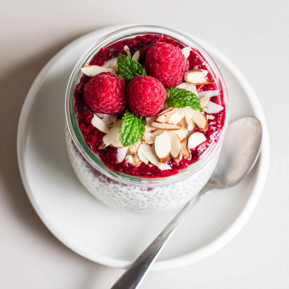 Glass jar layered with creamy raspberry chia pudding sweetened naturally with maple syrup