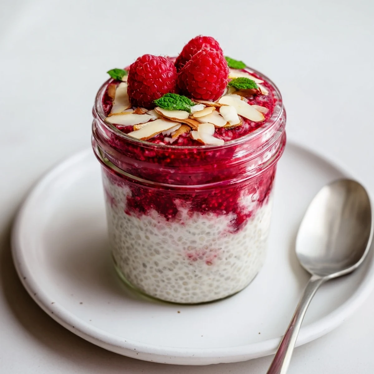 Vegan chia seed pudding topped with fresh raspberries and crunchy sliced almonds