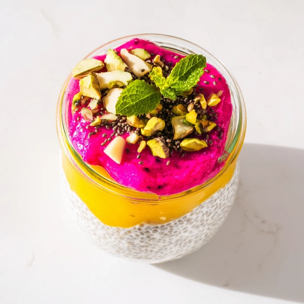 Glass jar layered with creamy coconut mango and dragon fruit chia pudding topped with fresh mint