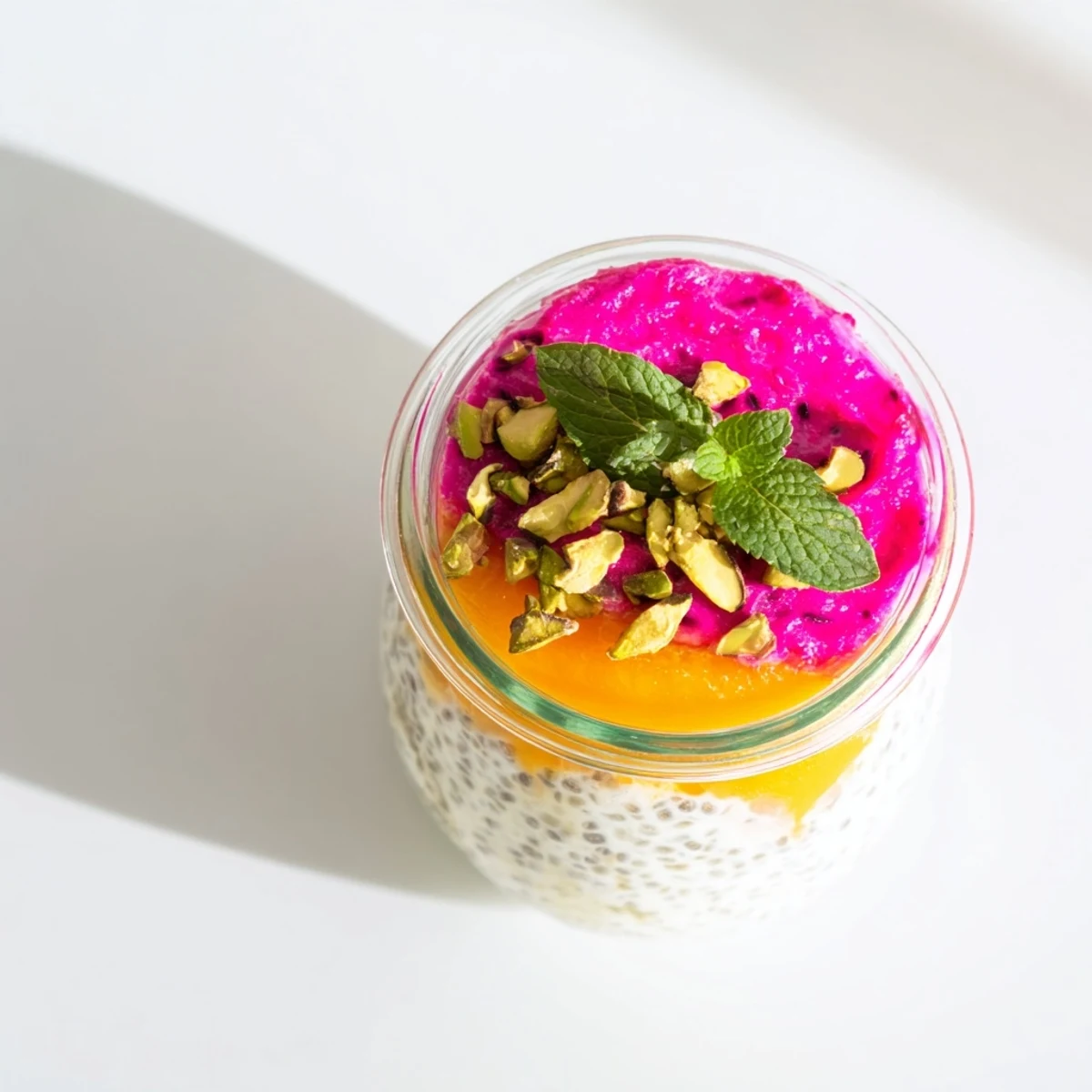 Vibrant tropical breakfast bowl featuring mango and dragon fruit chia pudding with toasted coconut garnish