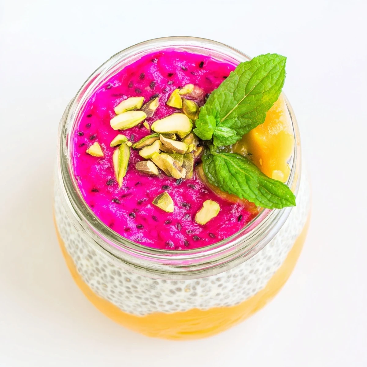 Parfait glass showing mango and dragon fruit layers swirled through thick white coconut chia pudding