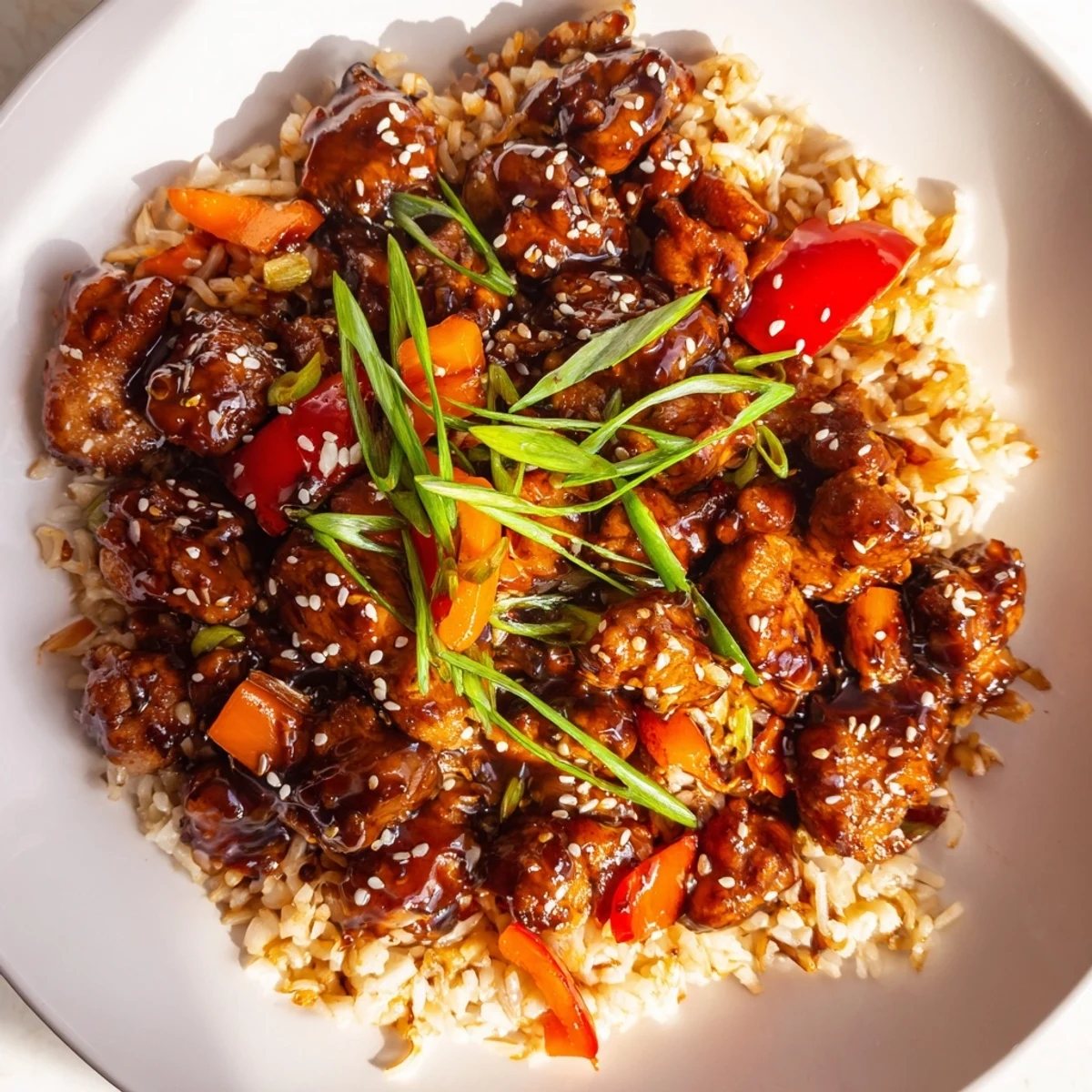 One Pan Korean BBQ Chicken and Rice served in a cast iron skillet topped with sesame seeds