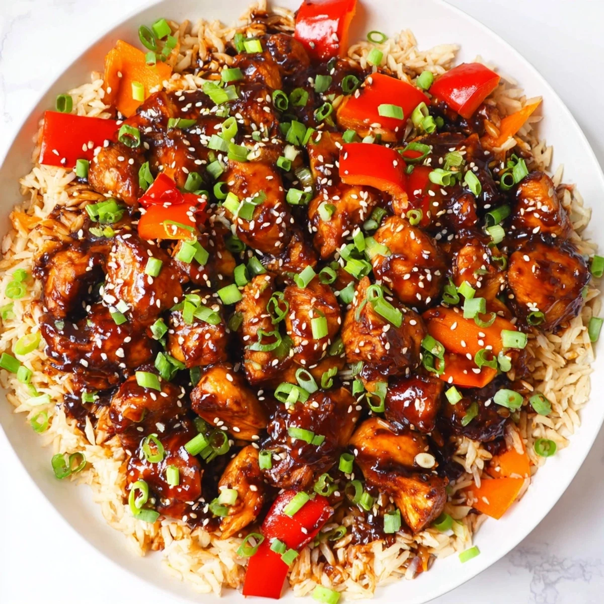 Steaming One Pan Korean BBQ Chicken and Rice with colorful vegetables and tender glazed chicken pieces