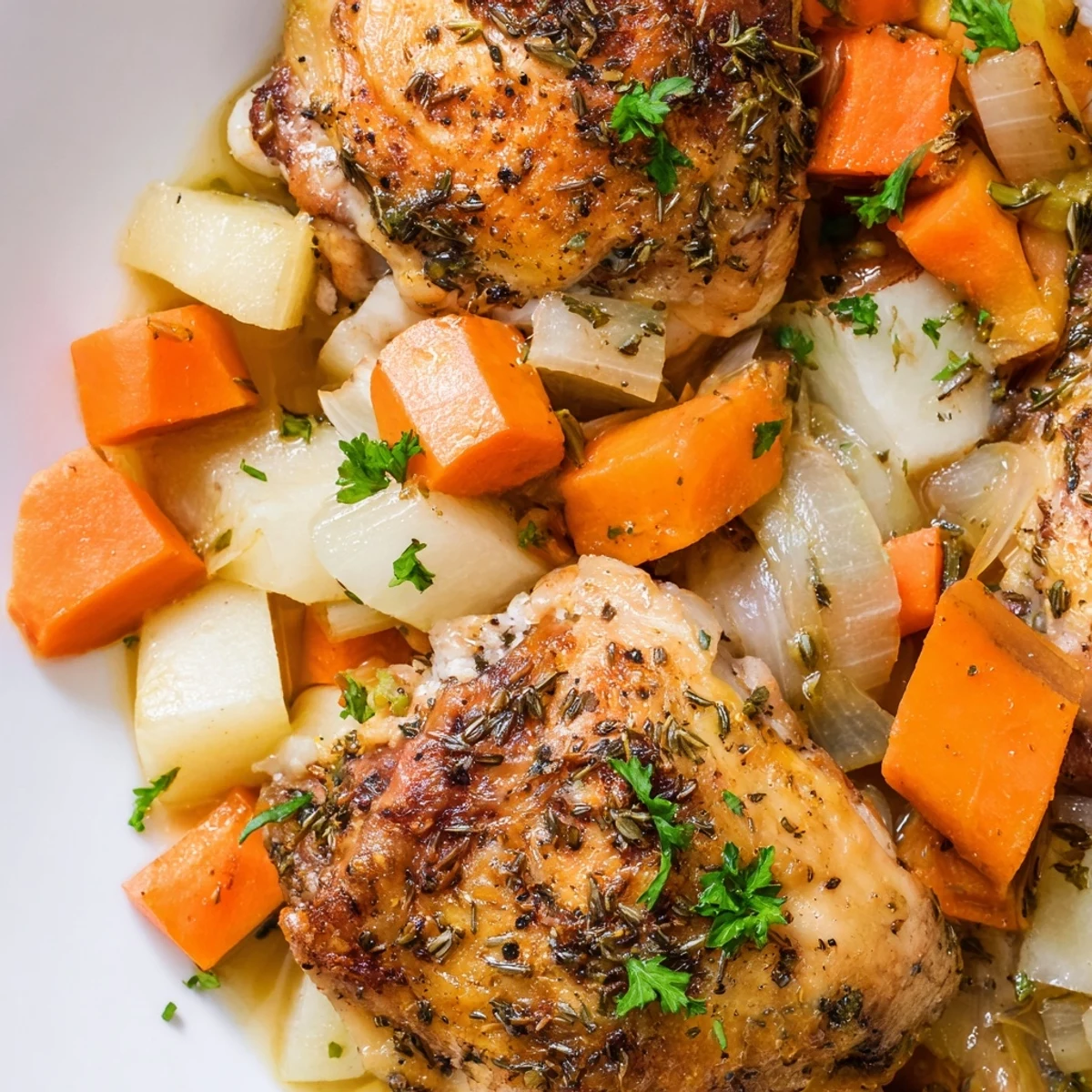 Tender slow cooker chicken dinner with carrots, potatoes, and savory herb gravy in a rustic bowl