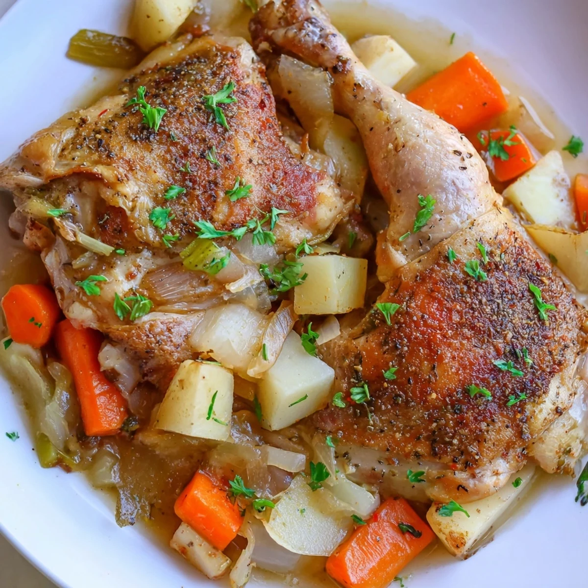 Slow cooker chicken dinner featuring juicy meat alongside tender root vegetables in aromatic broth