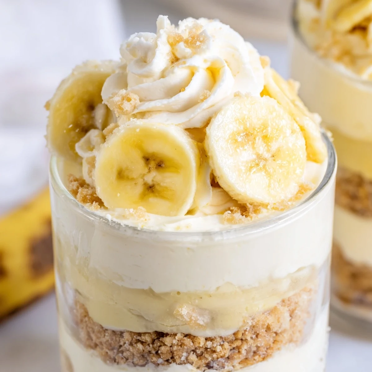 Creamy banana pudding cheesecake cups with layers of vanilla wafer crust and fresh banana slices