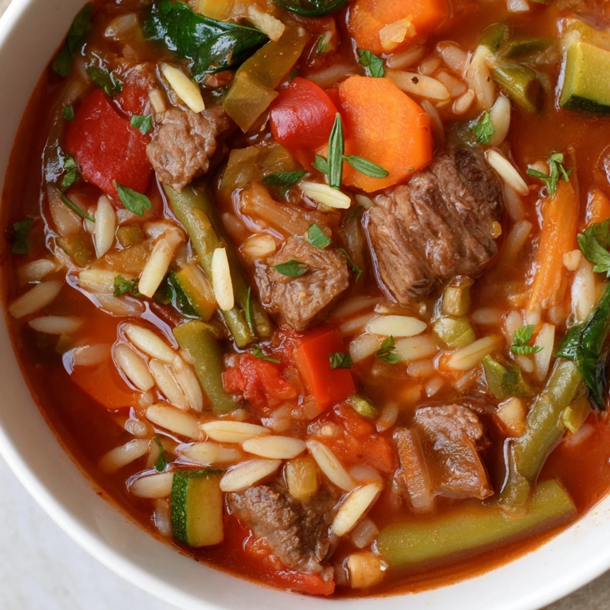 Steaming bowl of hearty beef and orzo soup brimming with colorful garden vegetables