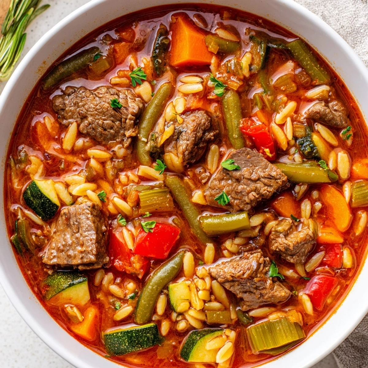 Hearty beef and orzo soup with tender meat and fresh vegetables in savory broth