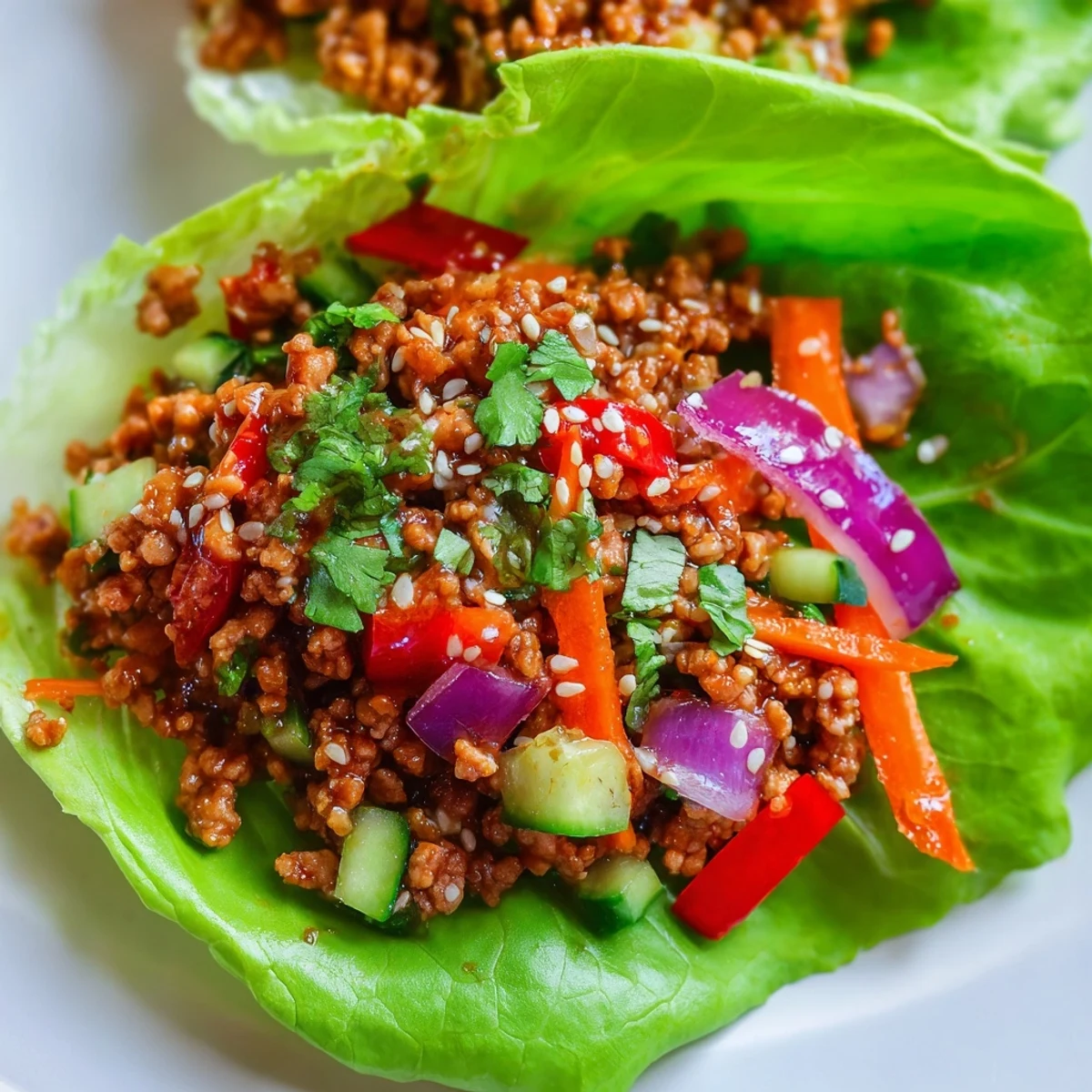 Crisp lettuce cups filled with seasoned ground turkey and colorful fresh vegetables ready to enjoy