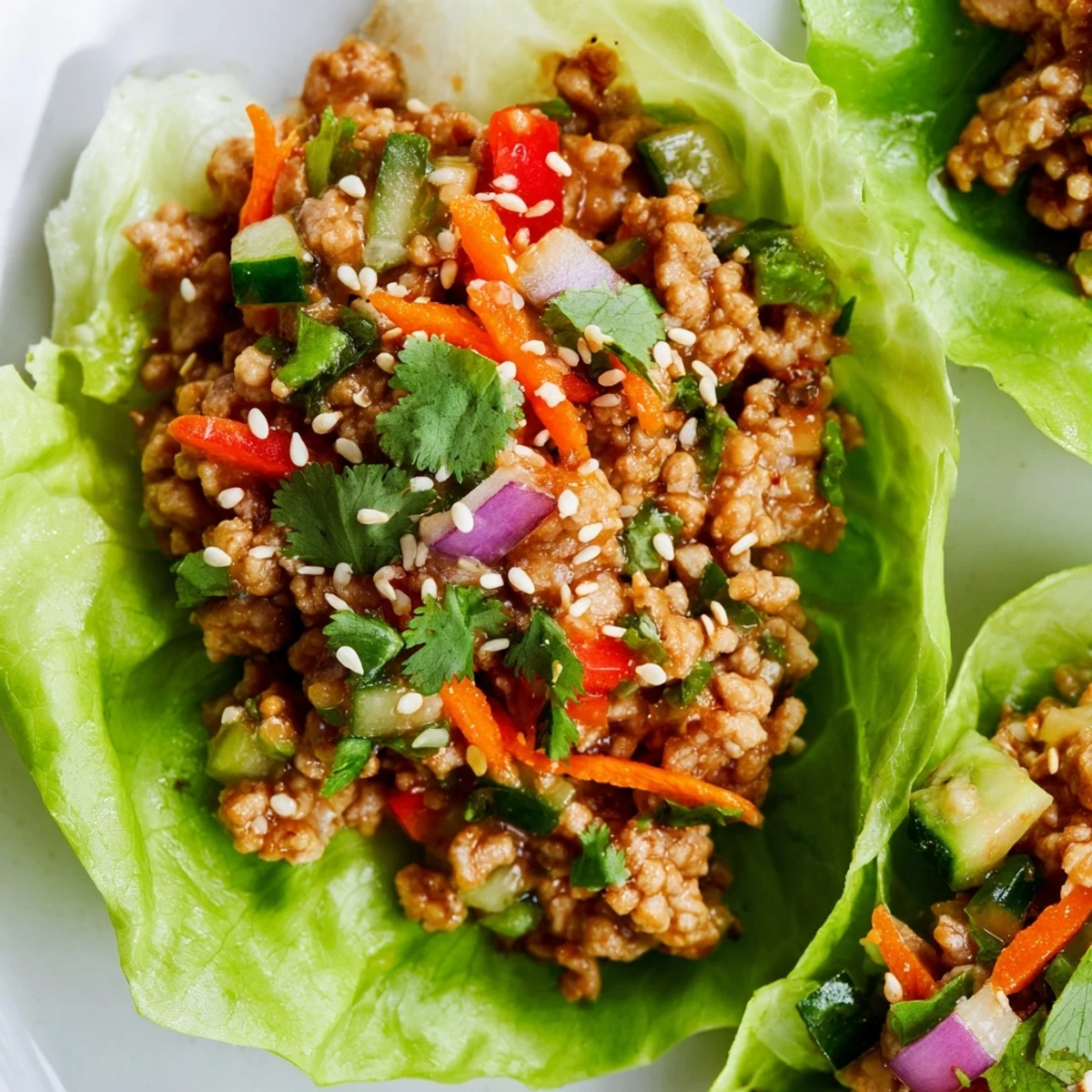 Healthy ground turkey lettuce wrap bowls topped with sesame seeds and bright cilantro garnish