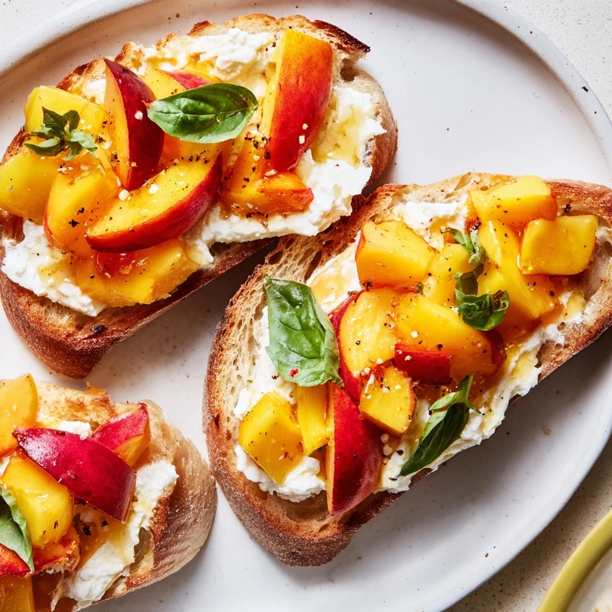 Golden toasted baguette slices topped with creamy ricotta and vibrant Sun Kissed Peach Bruschetta