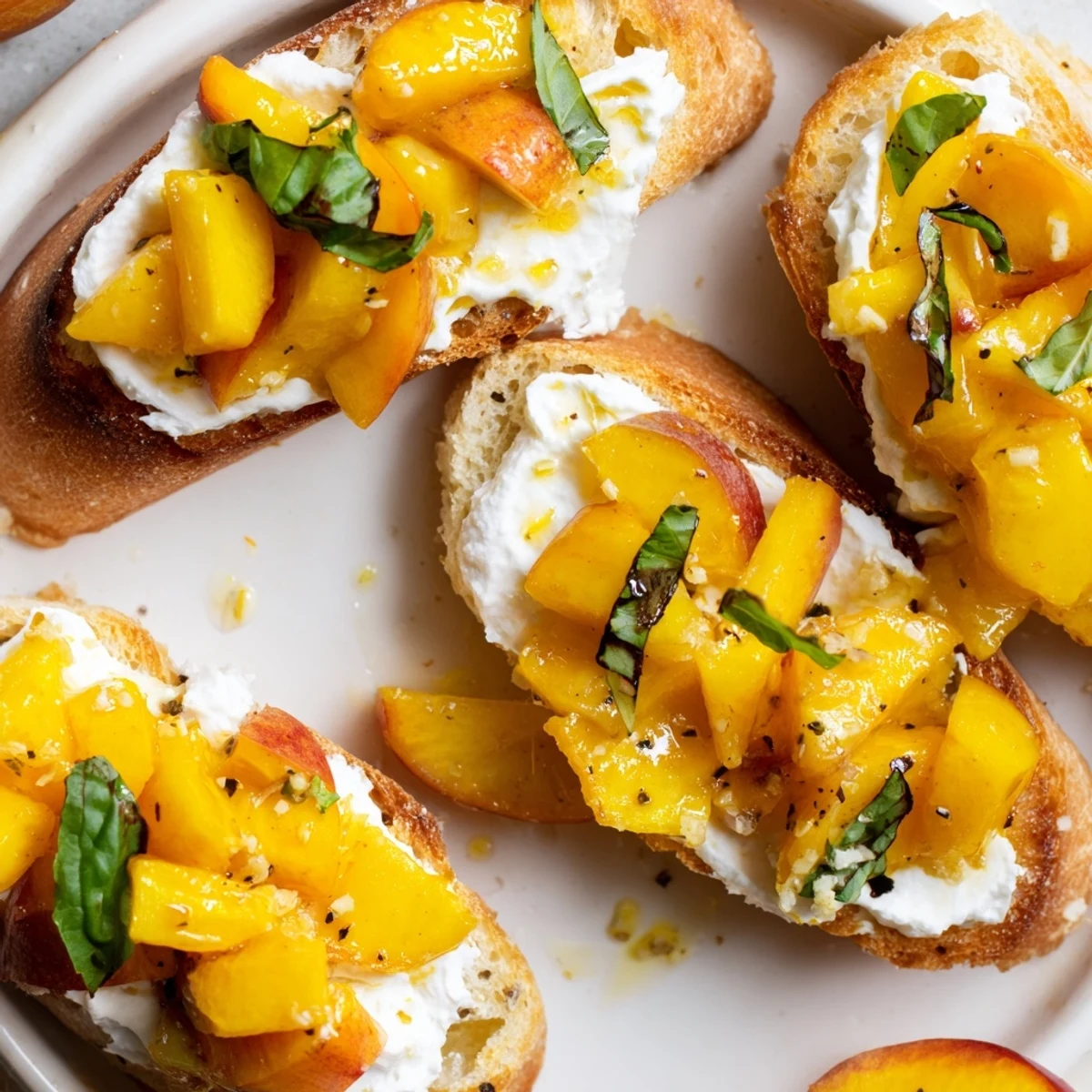 Sun Kissed Peach Bruschetta features juicy diced peaches, fresh basil, and honey drizzle