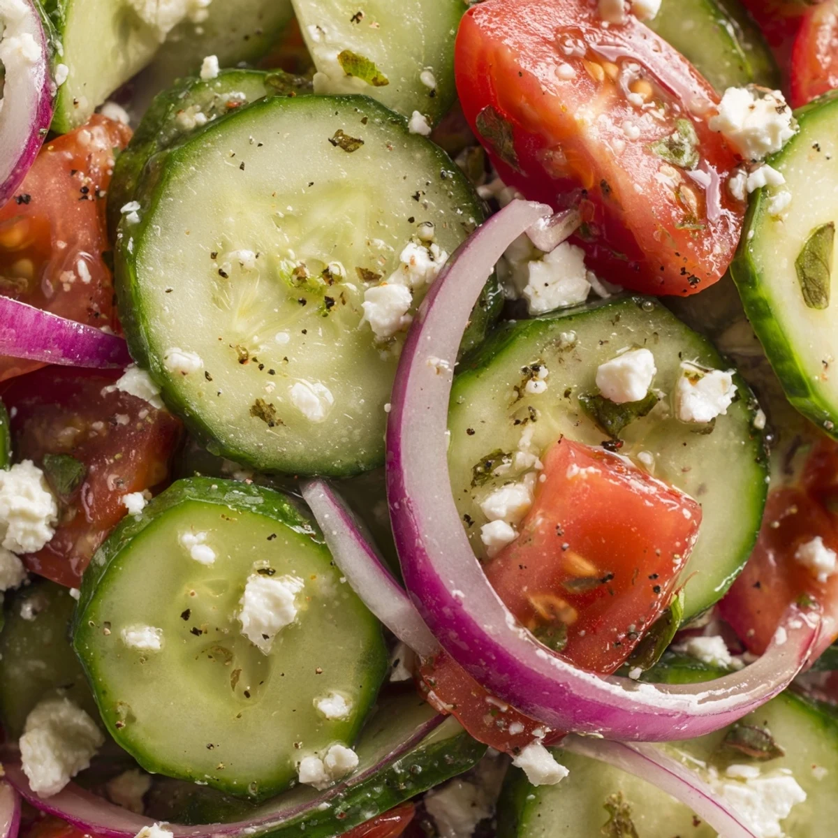 Italian cucumber salad in a white bowl with tomatoes, red onions, and fresh basil garnish