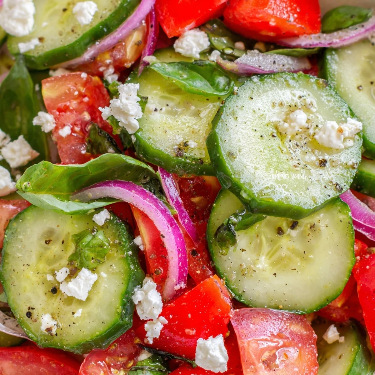 Crisp cucumbers and ripe tomatoes tossed in zesty Italian cucumber salad dressing on rustic table