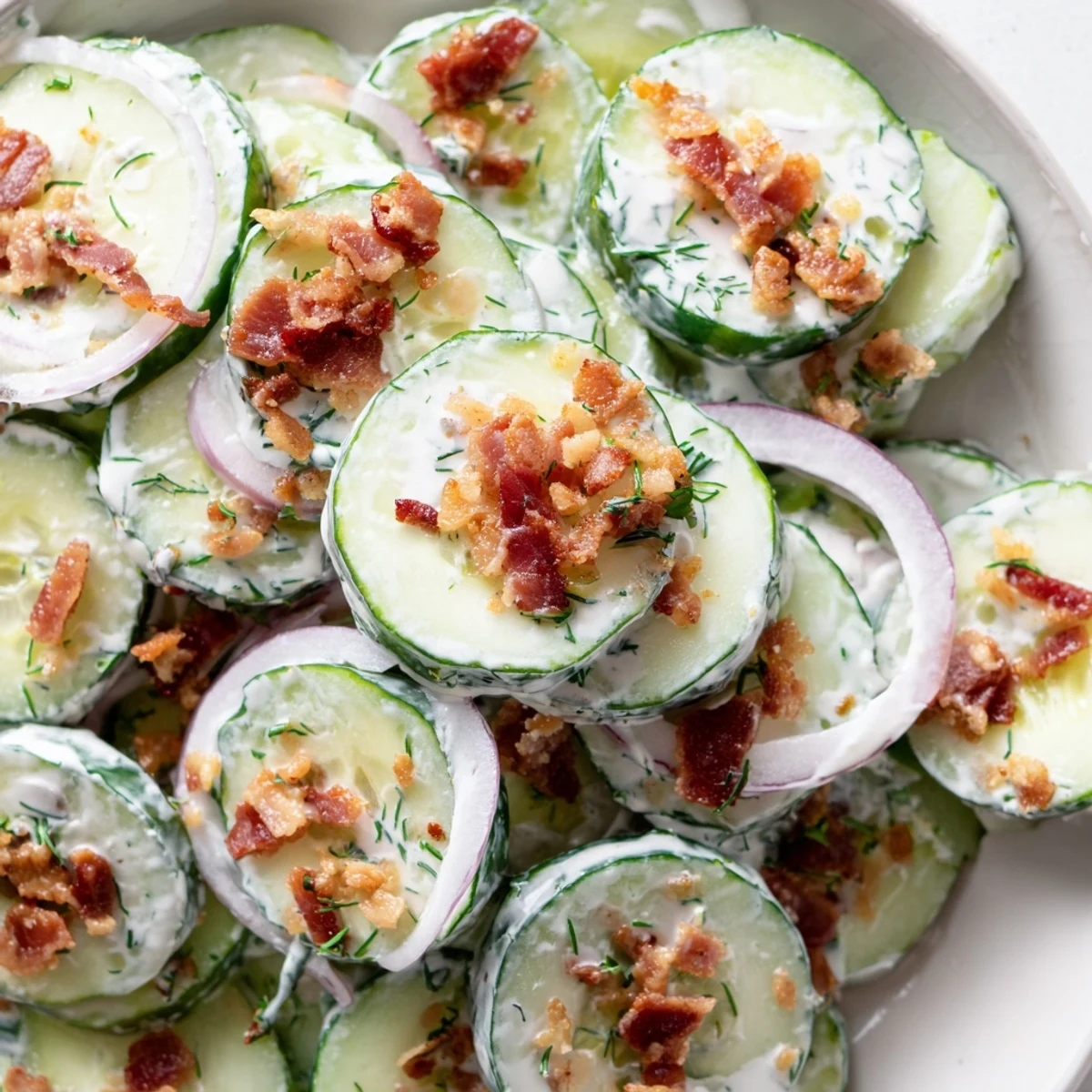 Crisp cucumber salad with crumbled bacon and fresh dill in tangy yogurt dressing