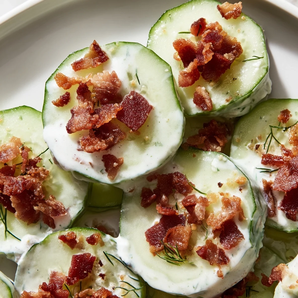 Healthy cucumber salad featuring thinly sliced vegetables and smoky bacon in creamy dressing