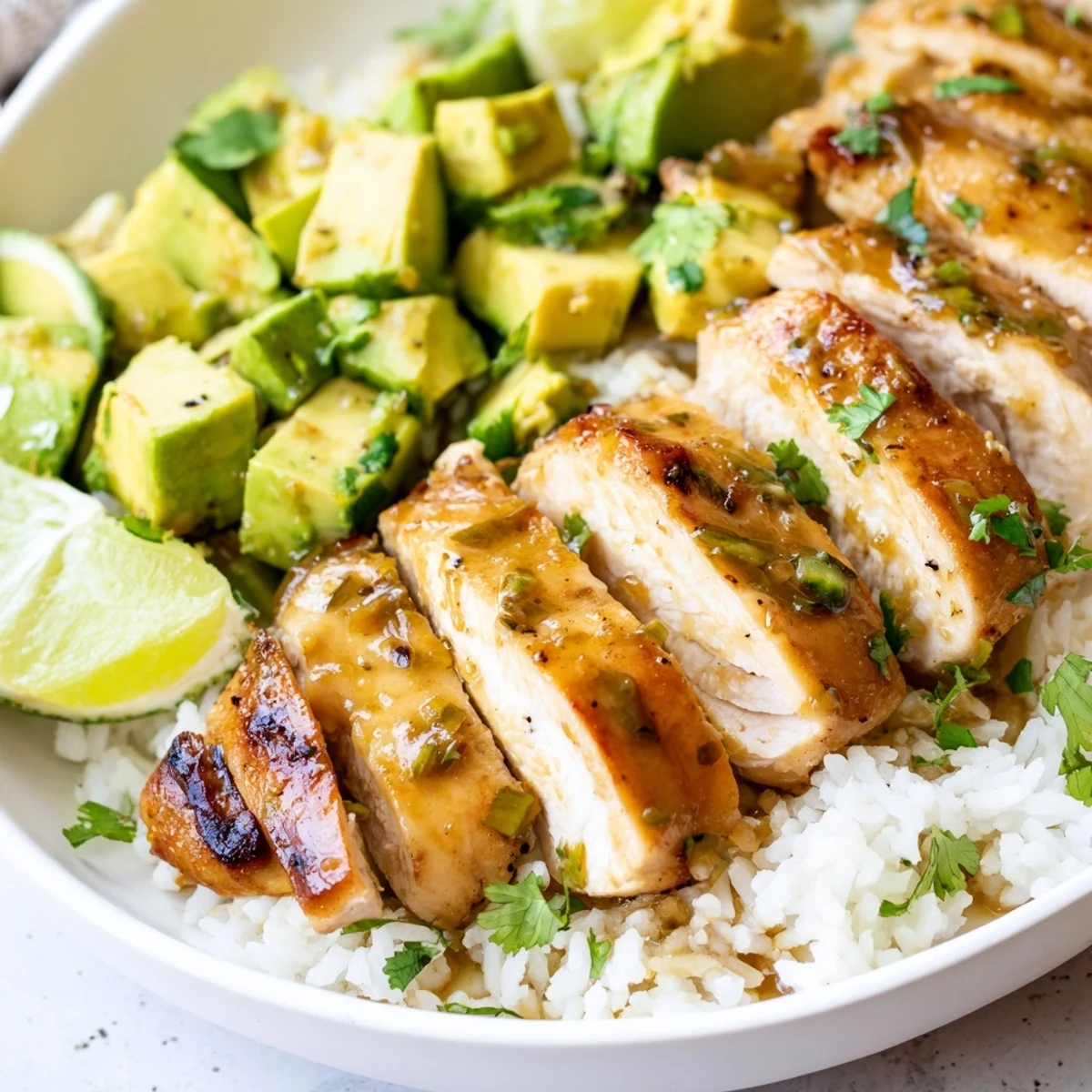 Juicy glazed honey lime chicken sliced beside fluffy green avocado rice on white plate