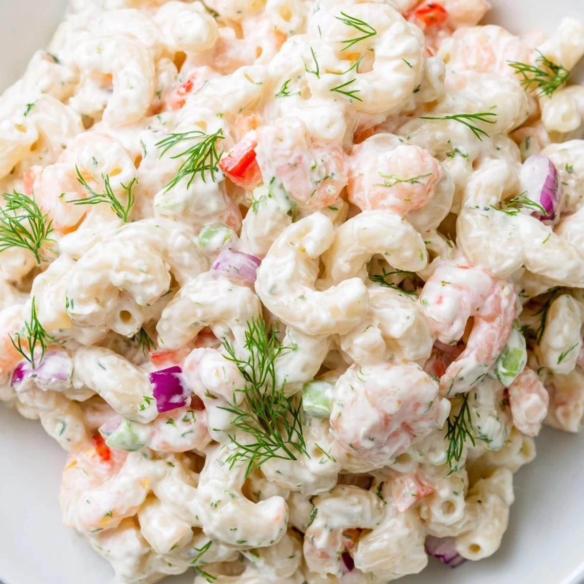 Creamy shrimp macaroni salad in a serving bowl with tender shrimp and crisp vegetables
