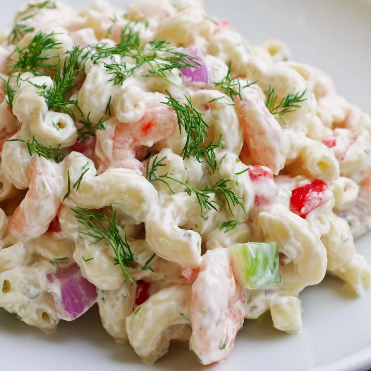 Chilled shrimp macaroni salad topped with fresh dill in a rustic ceramic dish