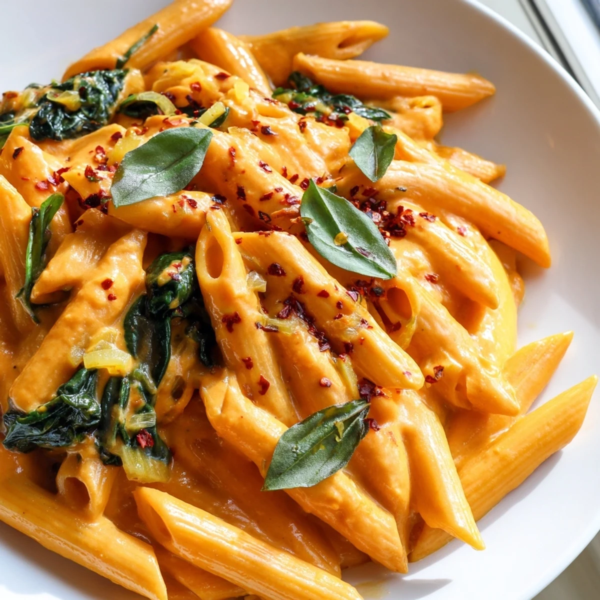 Creamy sun dried tomato vegan pasta topped with fresh basil and red pepper flakes