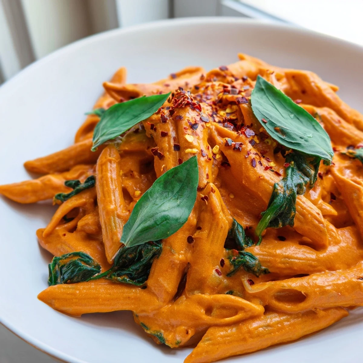 Velvety sun dried tomato vegan pasta coated in rich cashew sauce with wilted spinach