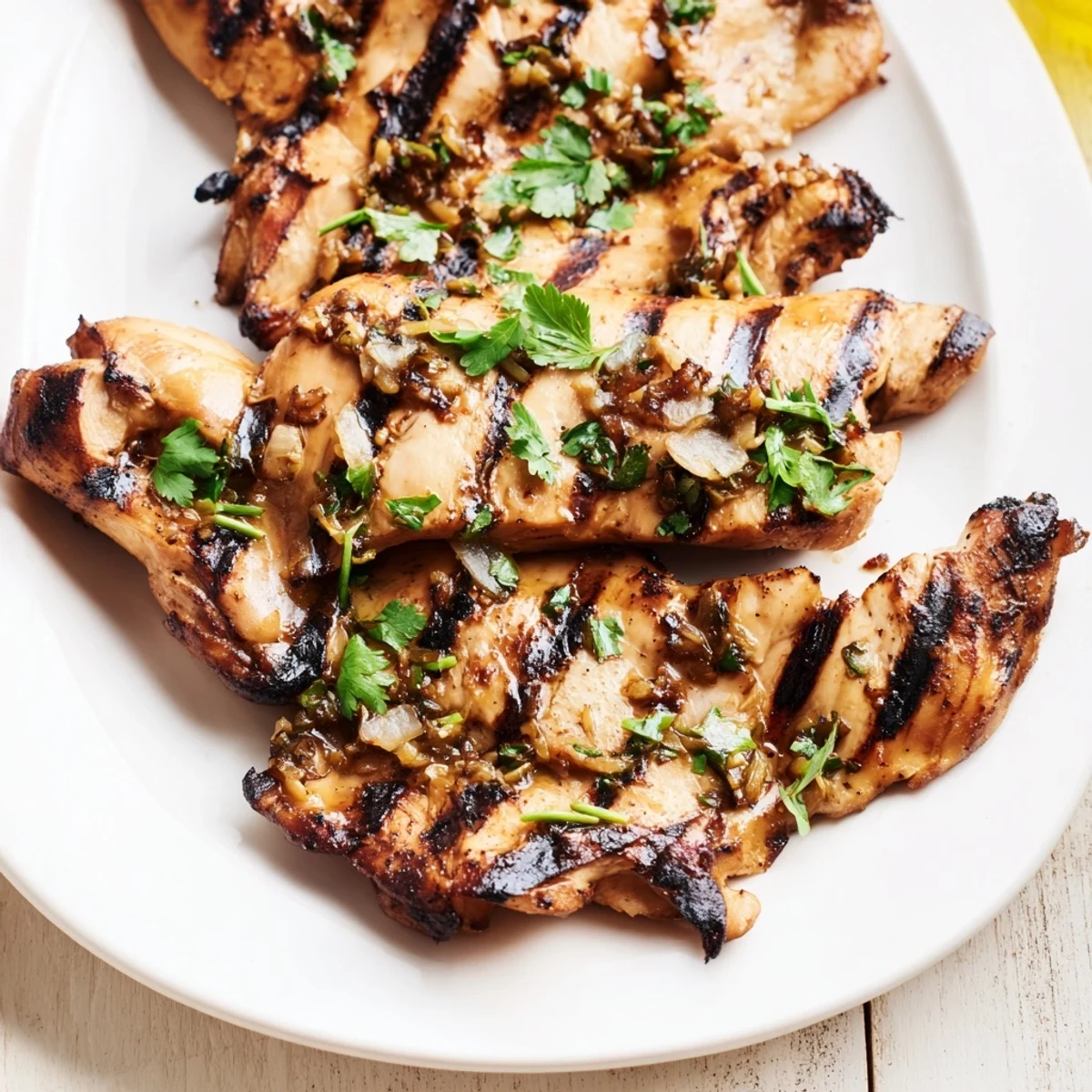 Juicy Grilled Vietnamese Chicken sliced and garnished with fresh cilantro and lime