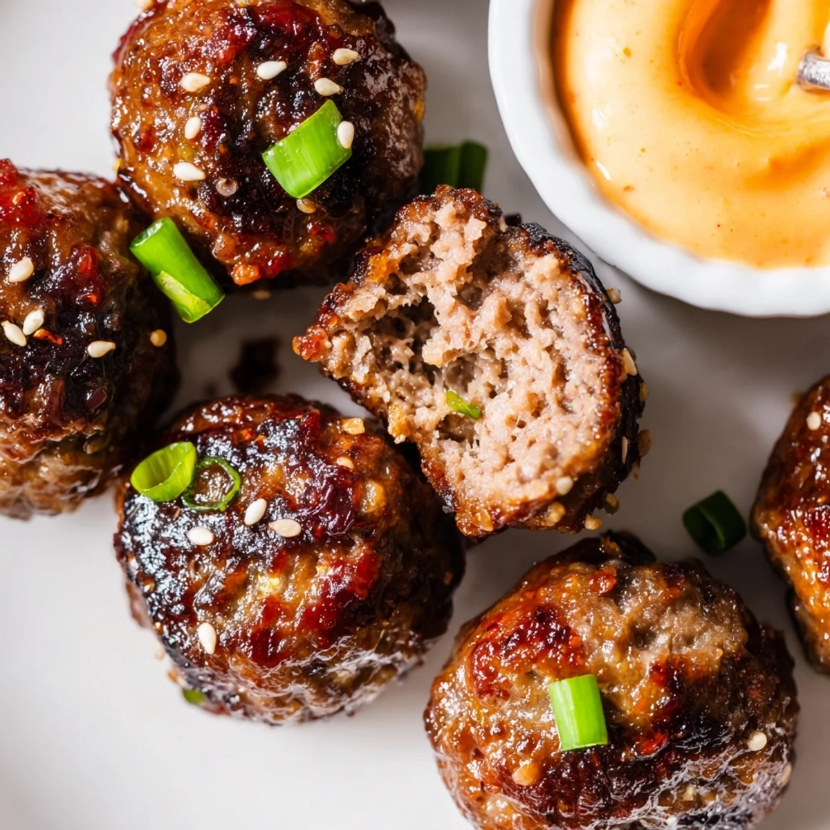 Golden Korean BBQ meatballs topped with sesame seeds beside a bowl of creamy spicy mayo dip